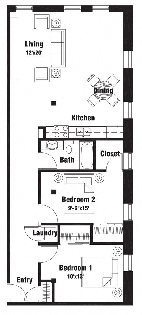 Floor plan for 2 beds, 1 bath, 1027 sqft